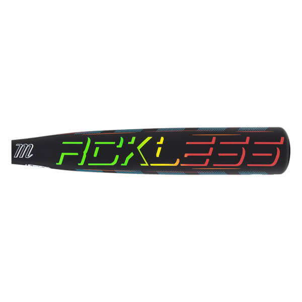 Side view of a black baseball bat with "Reckless" in neon green, yellow, orange, and red lettering.