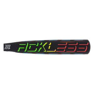 Side view of a black baseball bat with "Reckless" in neon green, yellow, orange, and red lettering.