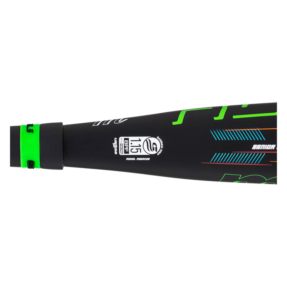 Close-up of a black baseball bat with green accents, showing "SENIOR" text and a "1.15 BPF" certification.