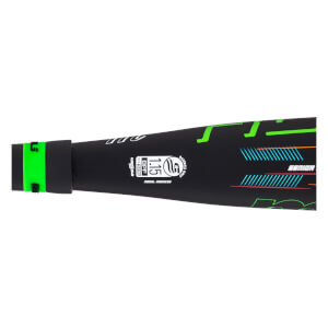 Close-up of a black baseball bat with green accents, showing "SENIOR" text and a "1.15 BPF" certification.