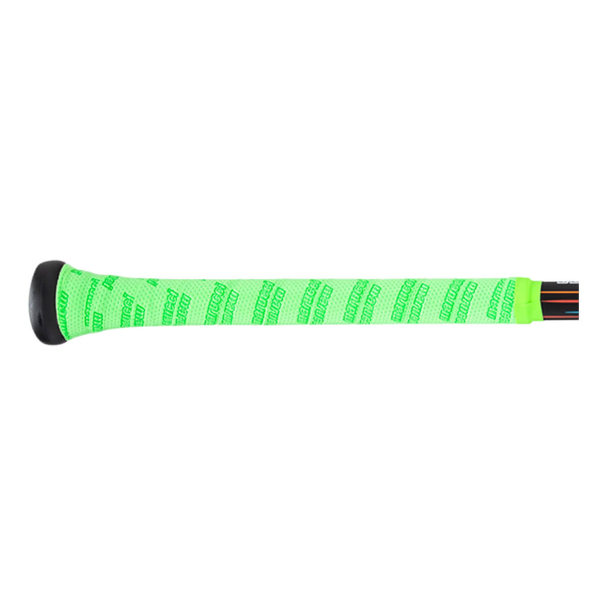 Side view of a baseball bat grip with "Marucci" text repeated on bright green grip tape.