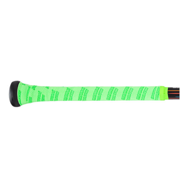 Side view of a baseball bat grip with "Marucci" text repeated on bright green grip tape.