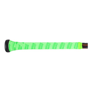 Side view of a baseball bat grip with "Marucci" text repeated on bright green grip tape.