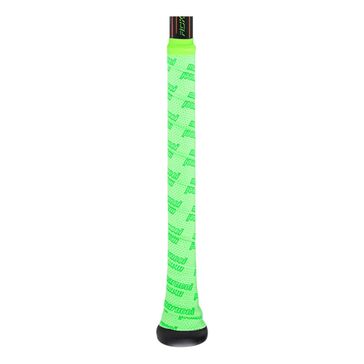 Close-up of the grip showing bright green "Marucci" text and a dotted pattern.