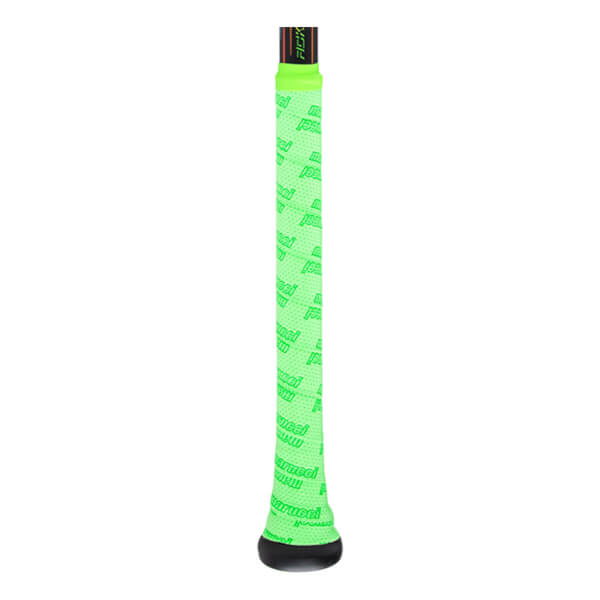 Close-up of the grip showing bright green "Marucci" text and a dotted pattern.
