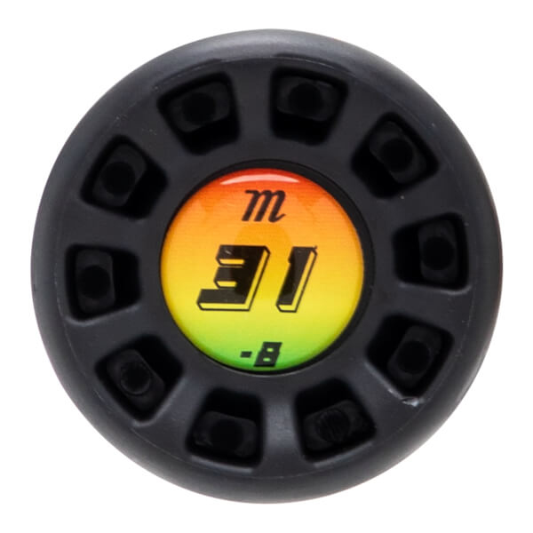 Top-down view of a black bat end cap with a colorful "m 31 -B" logo.