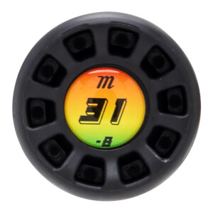 Top-down view of a black bat end cap with a colorful "m 31 -B" logo.