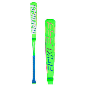 Front view of a neon green baseball bat with "marucci" in white and blue, and "RCX" in pink and blue on the barrel.