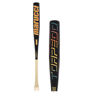 Front view of a black baseball bat with colorful "marucci" text and "TORPEDO" branding.