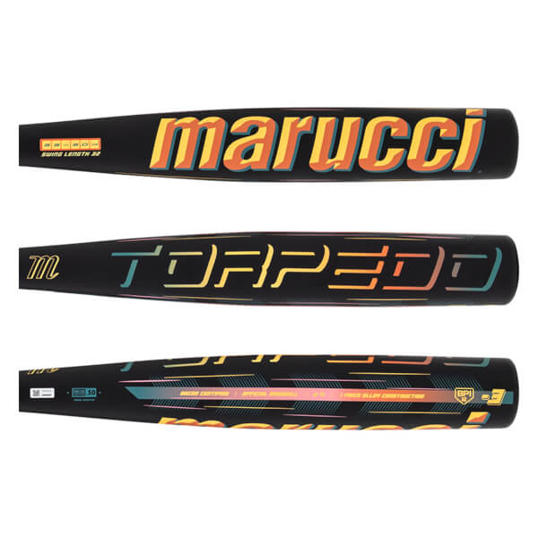 Top-down view of a black baseball bat with "marucci" in orange and yellow, and "TORPEDO" in colorful outlined letters.