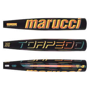 Top-down view of a black baseball bat with "marucci" in orange and yellow, and "TORPEDO" in colorful outlined letters.