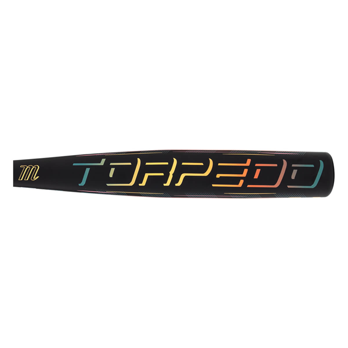 Side view of a black baseball bat with a gold "m" logo and "TORPEDO" in rainbow gradient lettering.