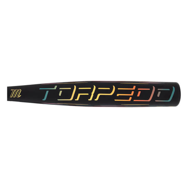 Side view of a black baseball bat with a gold "m" logo and "TORPEDO" in rainbow gradient lettering.