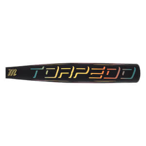 Side view of a black baseball bat with a gold "m" logo and "TORPEDO" in rainbow gradient lettering.