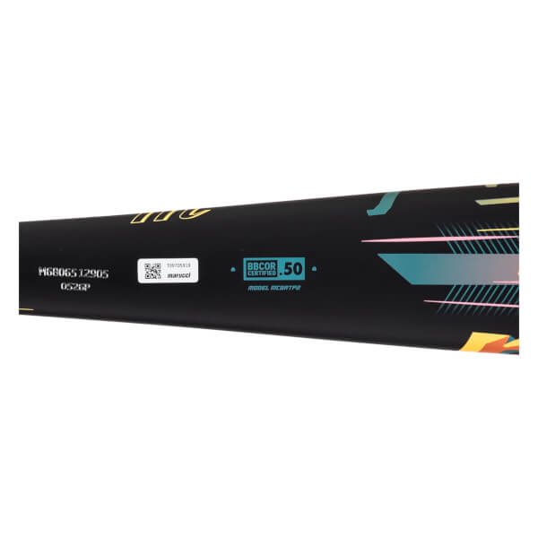 Side view of a black baseball bat with gold Marucci logo, BBCOR certified .50, and model MCBATP2.