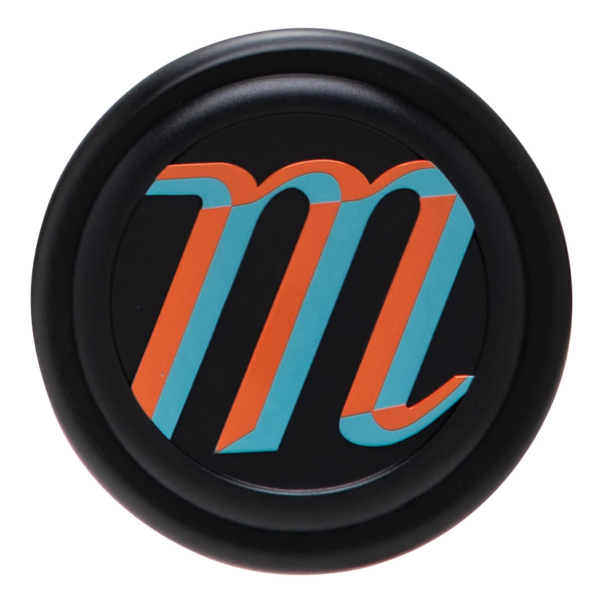 Top-down view of a black cap with an orange and teal "m" logo.