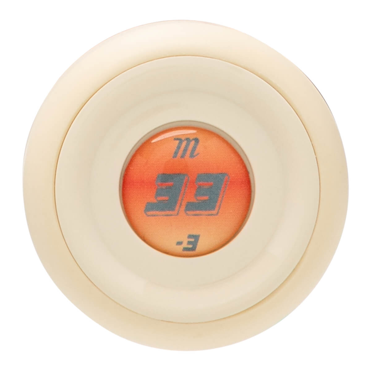 Top-down view of a baseball bat knob with a cream-colored cap, featuring an orange insert with a blue "m" and "33 -3" markings.