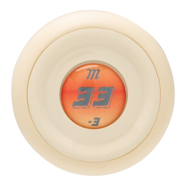 Top-down view of a baseball bat knob with a cream-colored cap, featuring an orange insert with a blue "m" and "33 -3" markings.