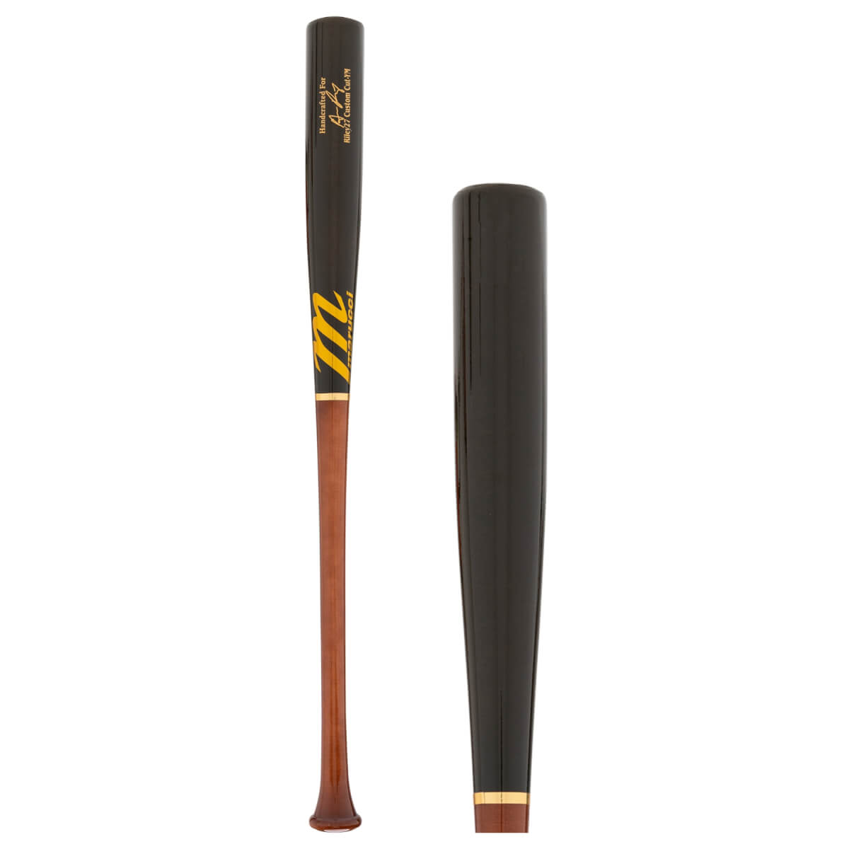 Full view of a black and natural wood baseball bat with a yellow Marucci logo, alongside a close-up of its black barrel.
