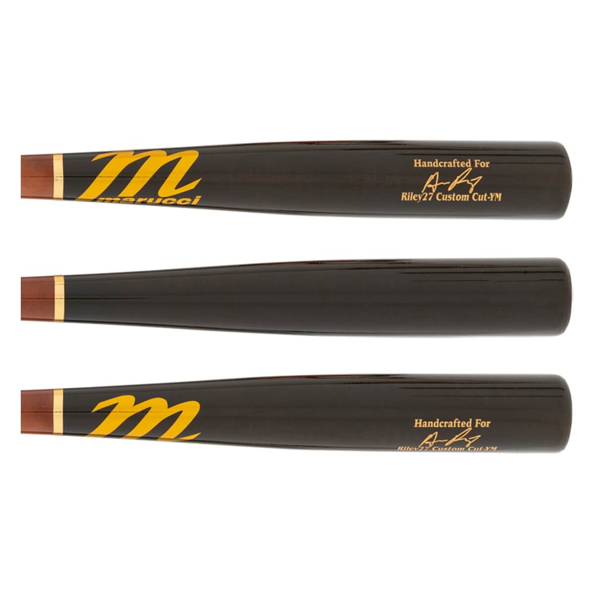 Full view of a dark brown baseball bat with gold Marucci M logo and Riley27 Custom Cut-YM text.