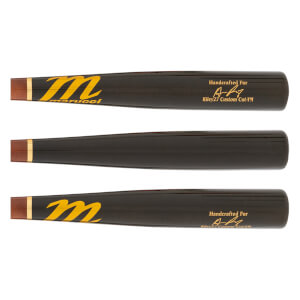 Full view of a dark brown baseball bat with gold Marucci M logo and Riley27 Custom Cut-YM text.