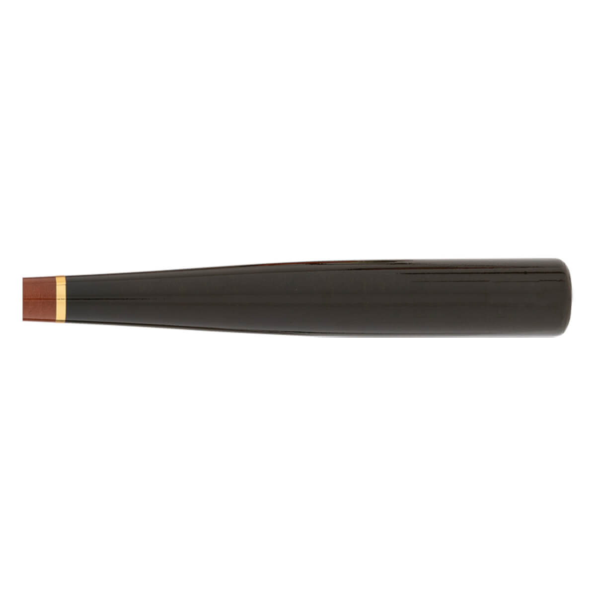 Mid-section side view of a dark brown baseball bat with a glossy finish, a lighter brown handle end, and a gold band.