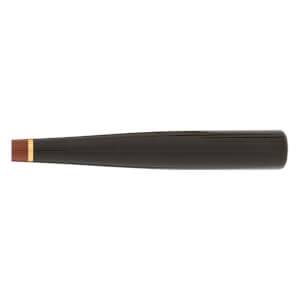 Mid-section side view of a dark brown baseball bat with a glossy finish, a lighter brown handle end, and a gold band.