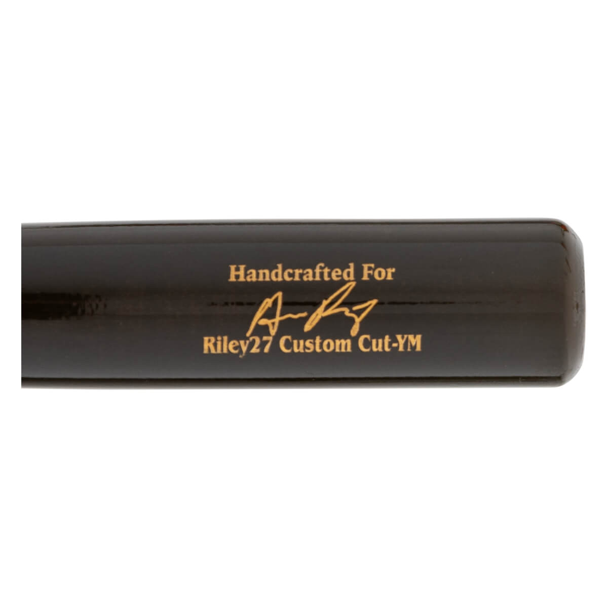 Close-up of a black baseball bat with gold Handcrafted For text, a signature, and Riley27 Custom Cut-YM branding.
