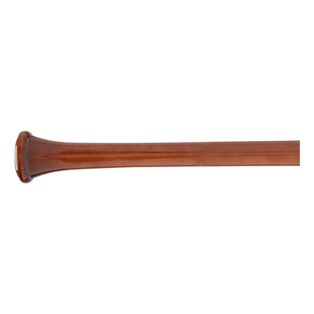 Side view of a brown baseball bat with a flared knob and glossy finish.