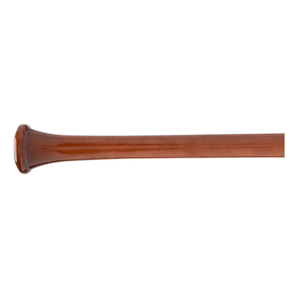 Side view of a brown baseball bat with a flared knob and glossy finish.
