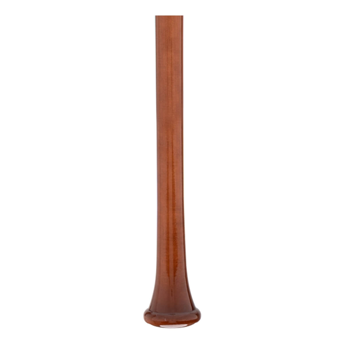 Full length view of a brown baseball bat with a glossy finish, cylindrical barrel, and flared knob.