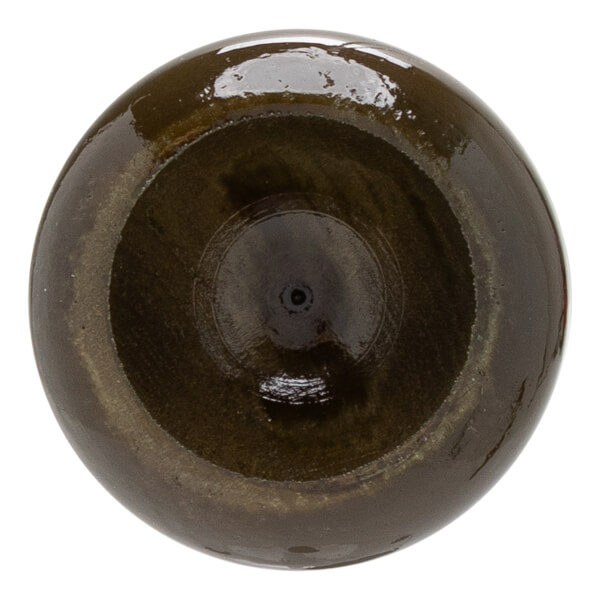Top-down view of a dark brown baseball bats cupped end with a glossy finish and visible wood grain.
