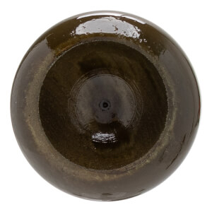 Top-down view of a dark brown baseball bats cupped end with a glossy finish and visible wood grain.