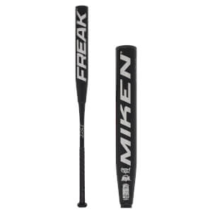 Side view of a black Miken baseball bat with "FREAK" in large silver letters and "MIKEN" on the barrel.