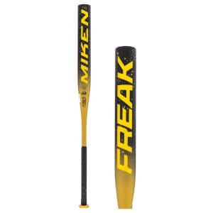 Side view of a black and gold Miken Freak softball bat with a black grip, alongside a close-up of its speckled barrel.