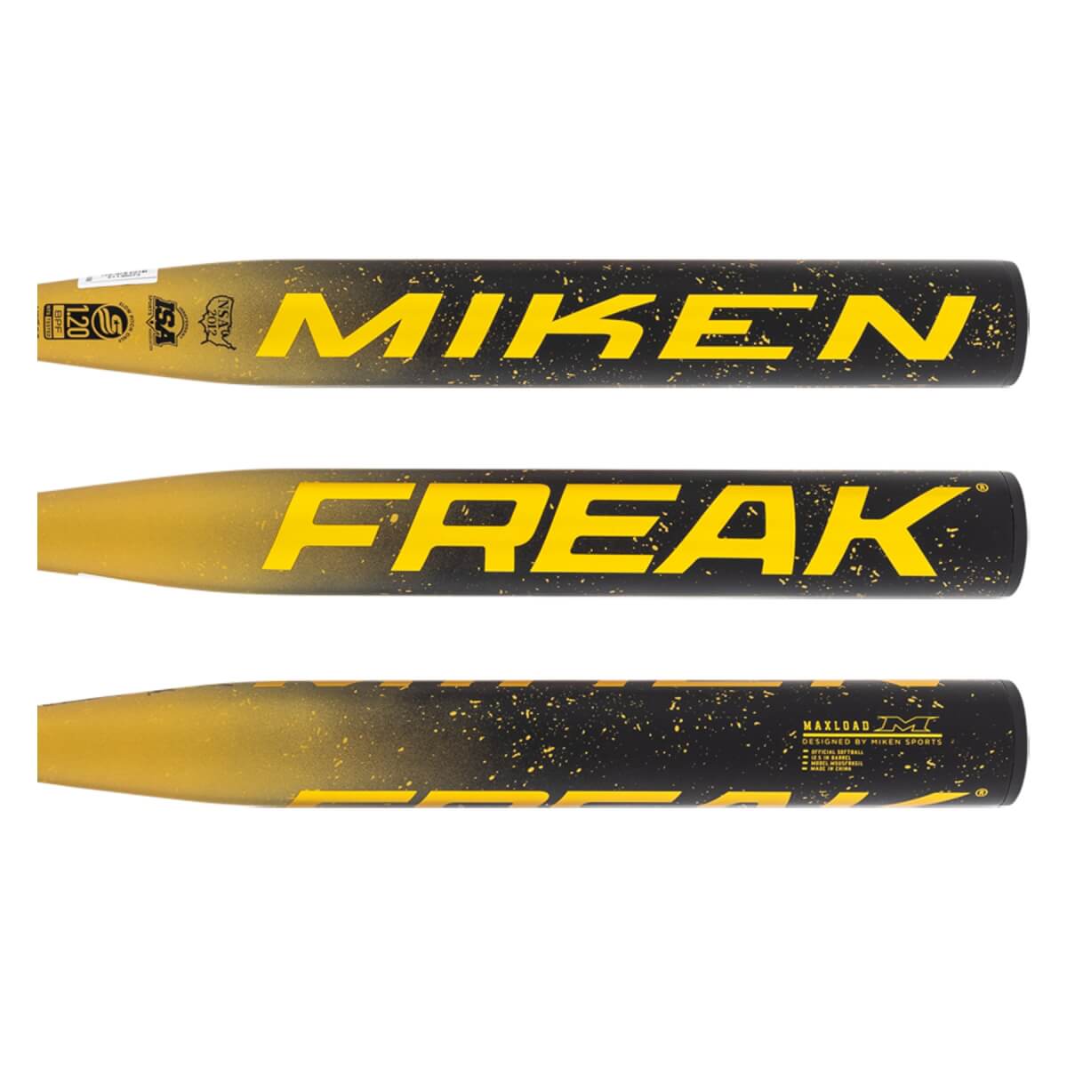 Full view of a black and gold softball bat with MIKEN FREAK text, yellow speckles, and a gold fade.