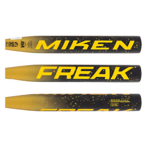 Full view of a black and gold softball bat with MIKEN FREAK text, yellow speckles, and a gold fade.