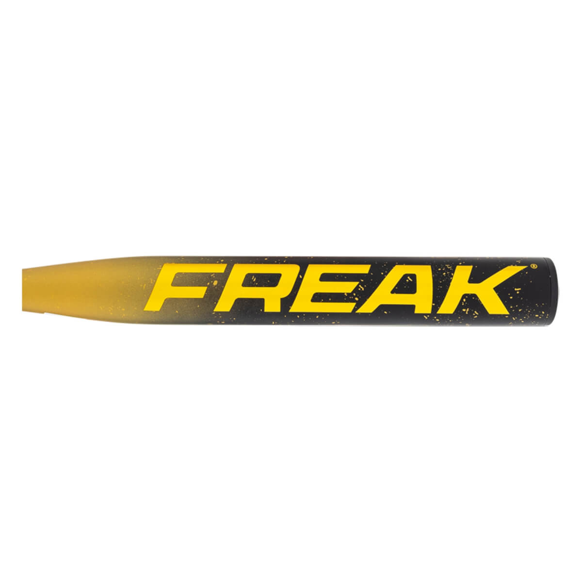 Side view of a gold and black softball bat with FREAK in yellow and a speckled design.