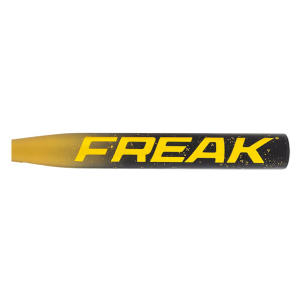 Side view of a gold and black softball bat with FREAK in yellow and a speckled design.