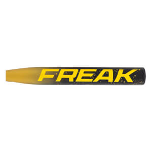 Side view of a gold and black softball bat with FREAK in yellow and a speckled design.