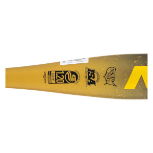 Close-up of a gold softball bat barrel with USSSA 1.20 BPF stamp, ISA and NSA 2012 logos.