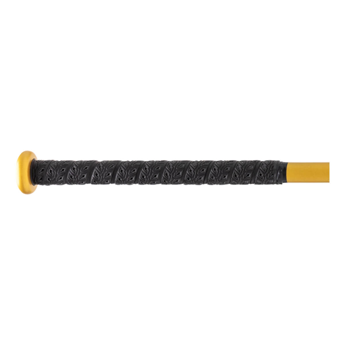 Side view of a bat handle with a black textured grip, gold knob, and yellow shaft.