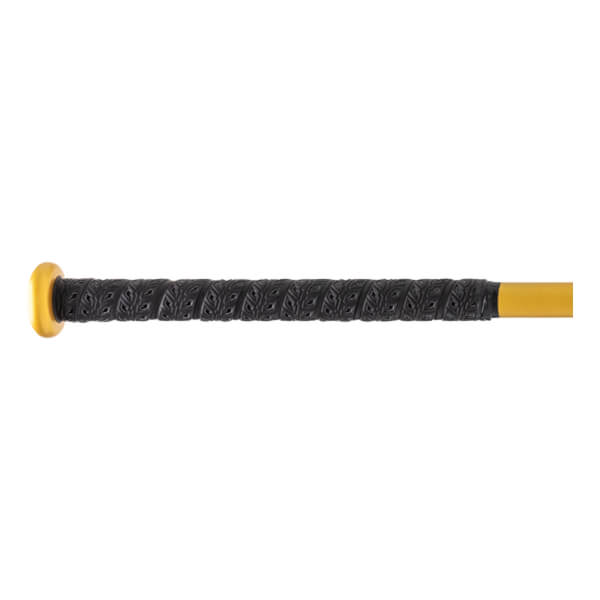 Side view of a bat handle with a black textured grip, gold knob, and yellow shaft.