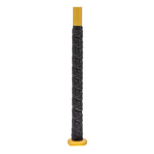 Close-up of a black bat handle with a diamond-patterned grip and a gold knob.