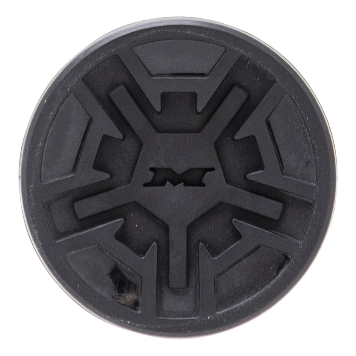 Top-down close-up of a black bat end cap with a raised geometric star pattern and a central M logo.