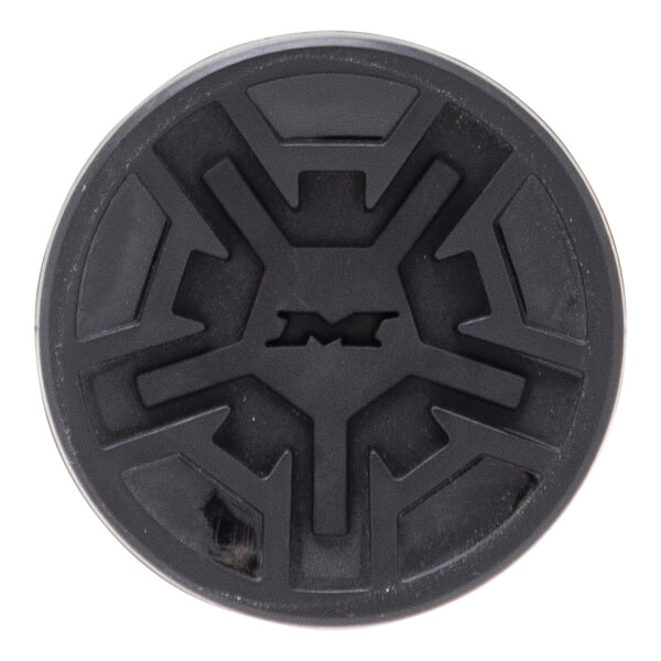 Top-down close-up of a black bat end cap with a raised geometric star pattern and a central M logo.
