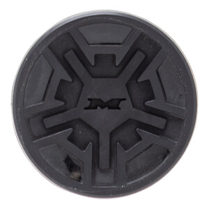 Top-down close-up of a black bat end cap with a raised geometric star pattern and a central M logo.