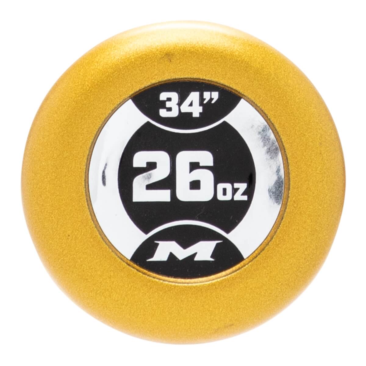 End cap view of a gold bat with a circular black and white label showing 34, 26oz, and an M logo.