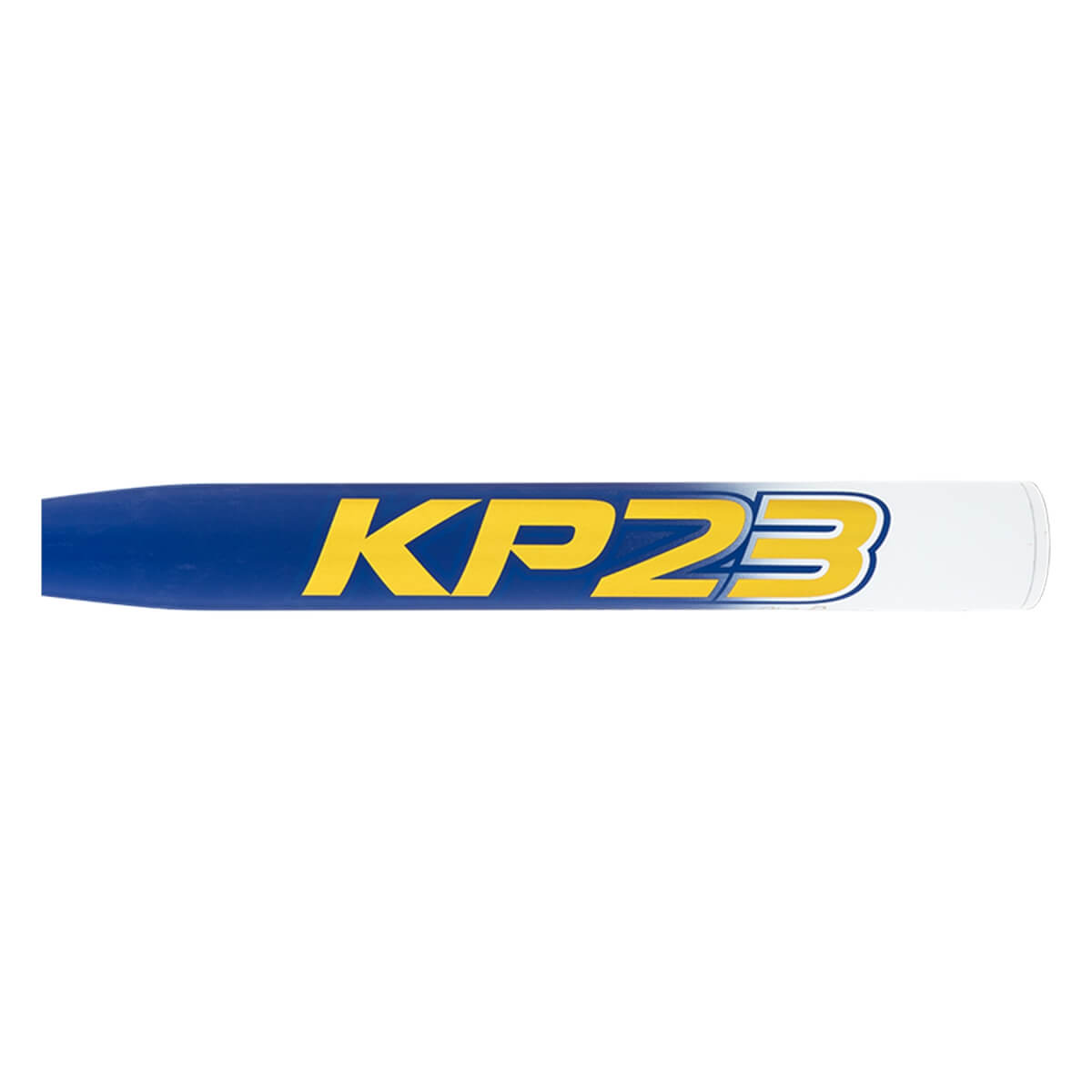 Side view of a blue and white softball bat with KP23 in yellow lettering and a visible barrel end cap.