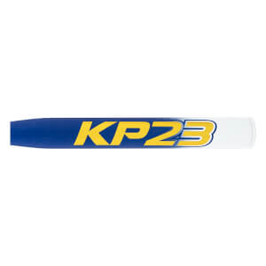 Side view of a blue and white softball bat with KP23 in yellow lettering and a visible barrel end cap.